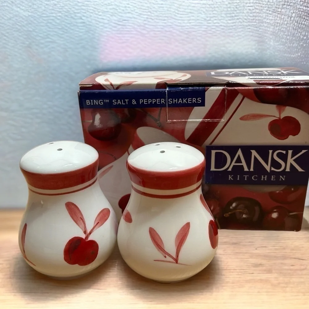 Dansk Bing Salt & Pepper Shakers Pepper Cherries Red White Ceramic W/ Box